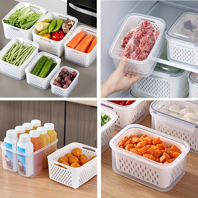 Conjunto de 10 Peças: 4 Recipientes + 4 Tampas + 2 Cestos de Drenagem. Recipientes para Armazenamento de Alimentos com Tampas de Encaixe e Cestos de Drenagem - À Prova de Vazamentos, Caixas de Armazenamento para Geladeira, Organizadores de Cozinha Reutili