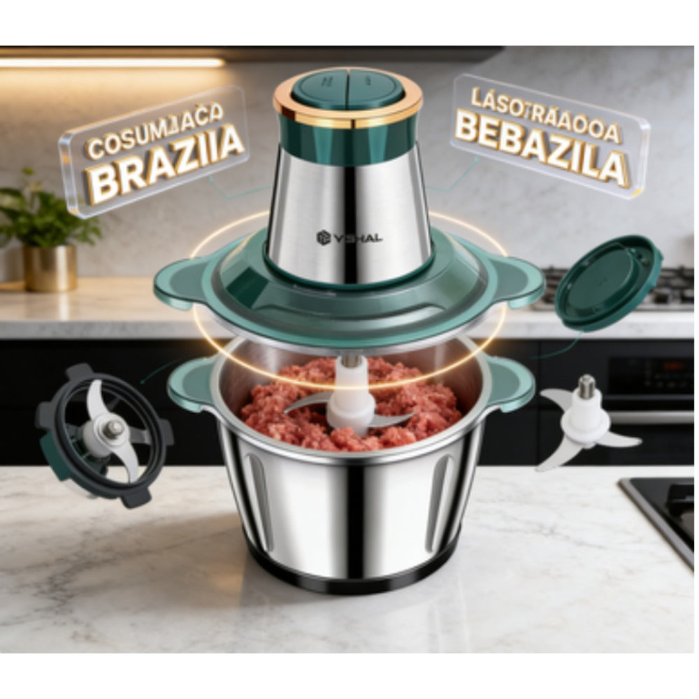 2 Litro Triturador De Alimentos Carne e Legumes Elétrico Multiprocessador 2 Modos Bivolt Inox Fácil De Limpar