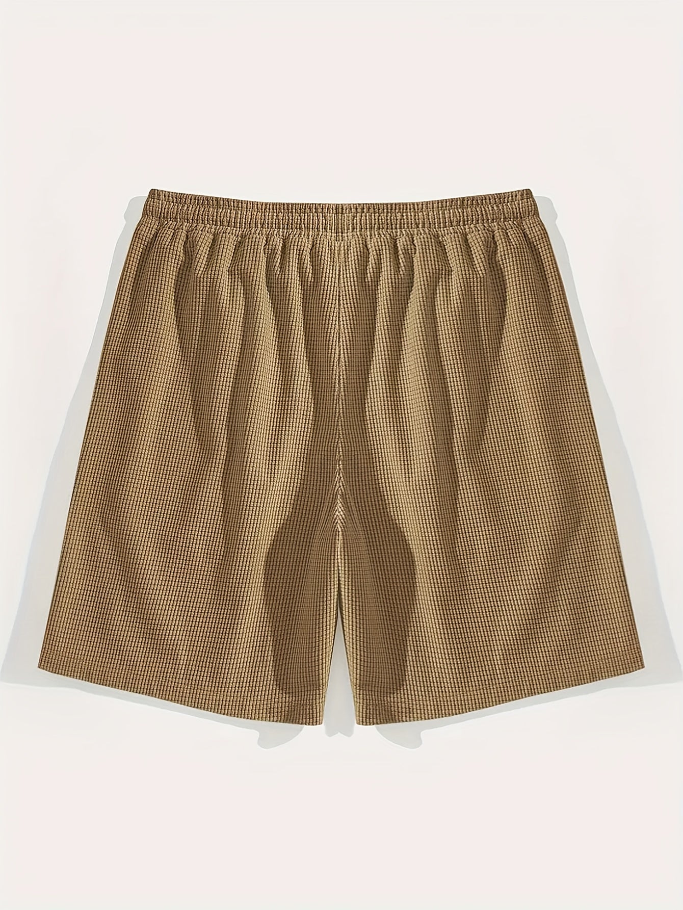 Calções Casuais Masculinos com Textura, Cintura com Cordão, Tecido Leve de Poliéster, Bolsos para Uso Diário, Praia ou Atividades ao Ar Livre | Calções com Cordão | Calções Leves