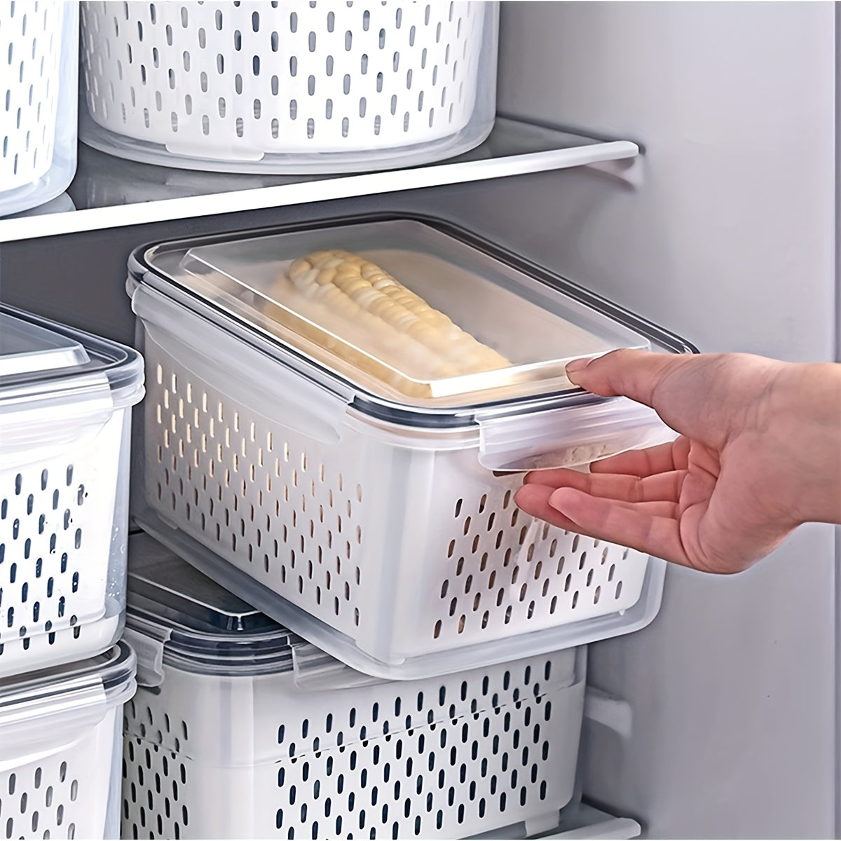 Conjunto de 10 Peças: 4 Recipientes + 4 Tampas + 2 Cestos de Drenagem. Recipientes para Armazenamento de Alimentos com Tampas de Encaixe e Cestos de Drenagem - À Prova de Vazamentos, Caixas de Armazenamento para Geladeira, Organizadores de Cozinha Reutili
