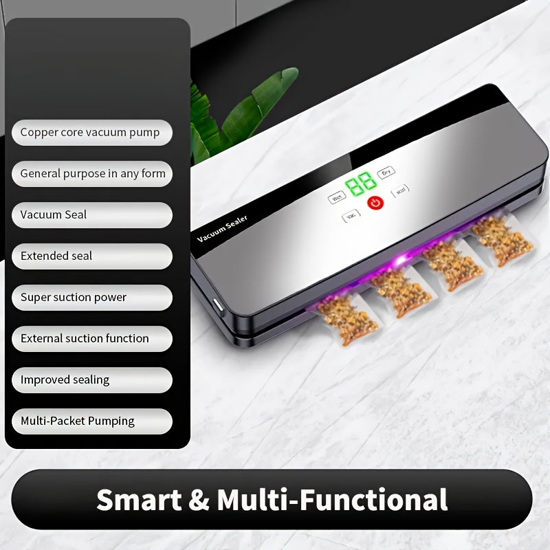 Seladora de Alimentos Automática, Máquina de Embalagem a Vácuo Portátil Multifuncional, Recarregável via USB, Inclui 10 Sacos, Selagem Duradoura para Manter a Frescura, Ideal para Cozinha e Piqueniques ao Ar Livre, Bateria de 2000mAh para Maior Autonomia,