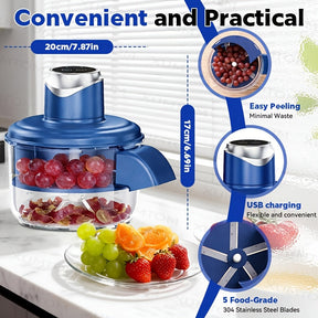 Descascador Elétrico de Frutas de 5 Lâminas | Descascador Automático Recarregável USB para Uvas, Alho, Tomates-Cereja | Gadget de Cozinha Eficiente, Uso Doméstico, Fácil de Limpar, Azul - Ótimo Presente para o Dia dos Namorados e Dia da Mãe